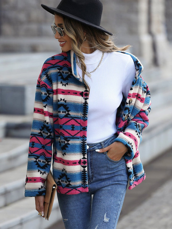 Geometric Button Down Dropped Shoulder Jacket - Outerwear