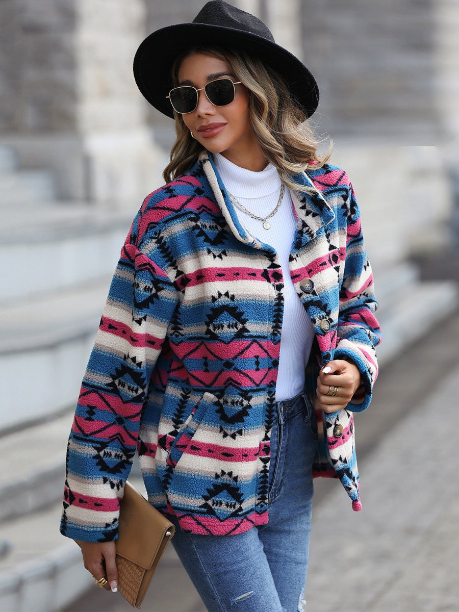 Geometric Button Down Dropped Shoulder Jacket - Outerwear