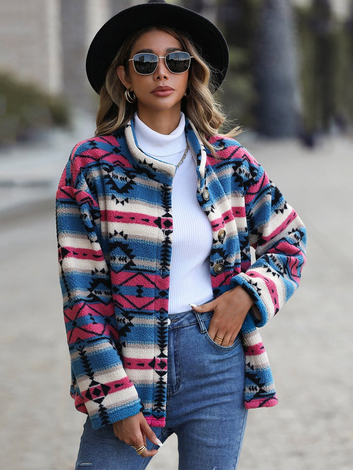 Geometric Button Down Dropped Shoulder Jacket - Outerwear