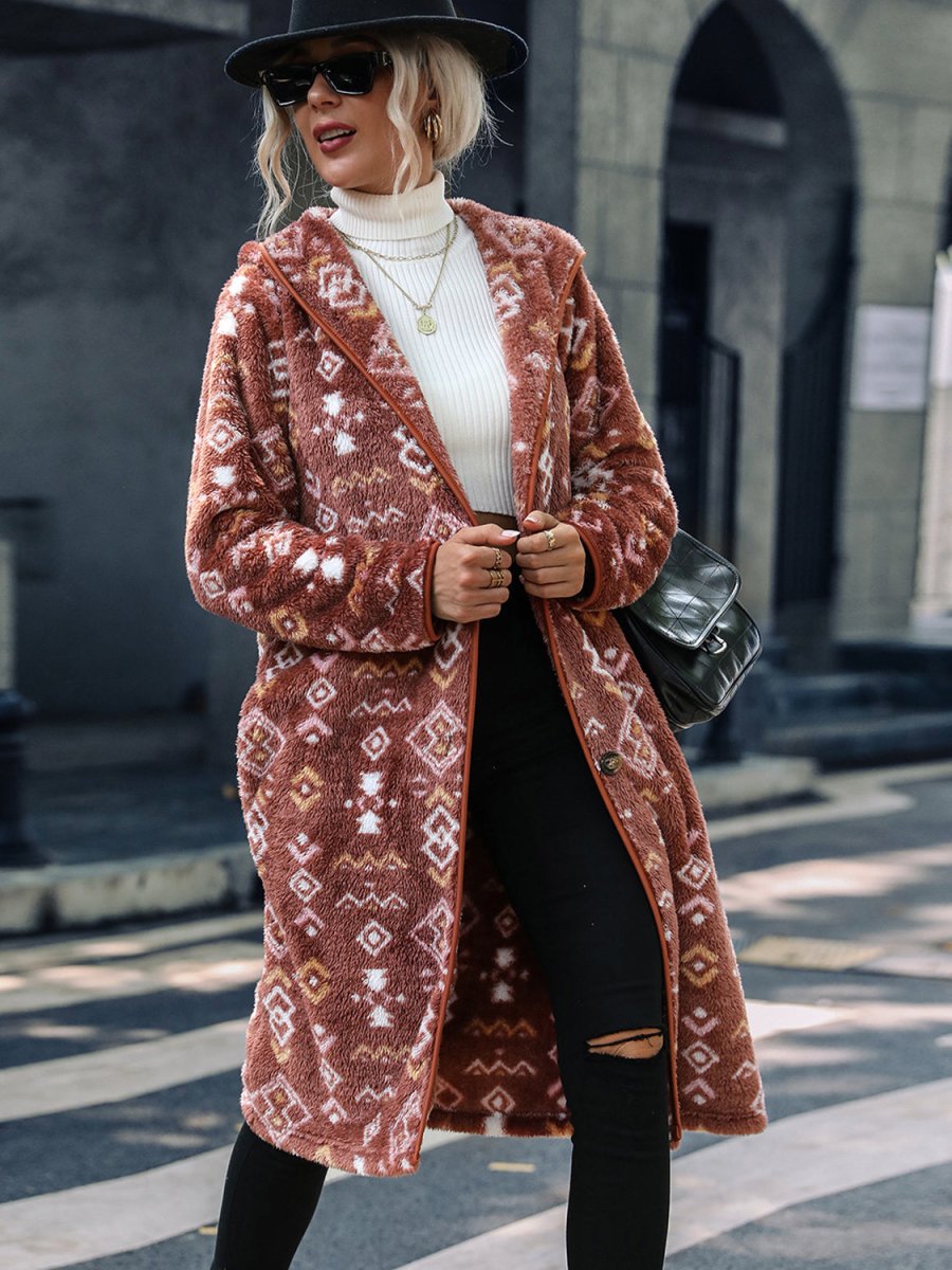 Geometric Button Down Hooded Fleece Coat - Outerwear