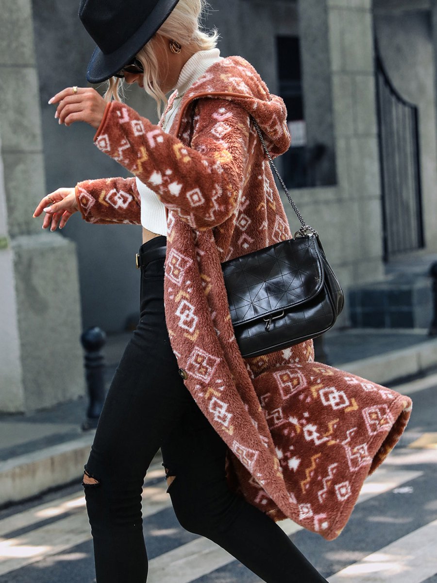 Geometric Button Down Hooded Fleece Coat - Outerwear