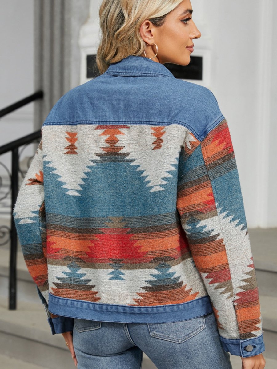 Geometric Button Up Long Sleeve Denim Jacket - Outerwear