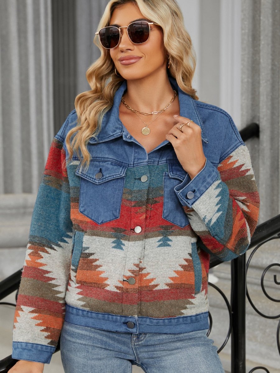 Geometric Button Up Long Sleeve Denim Jacket - Outerwear