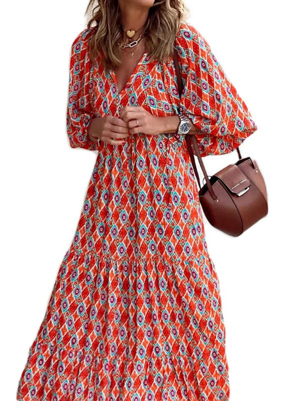 Geometric Collage Puff Sleeve Dress Street Holiday Women's Clothing - Vacation Dress