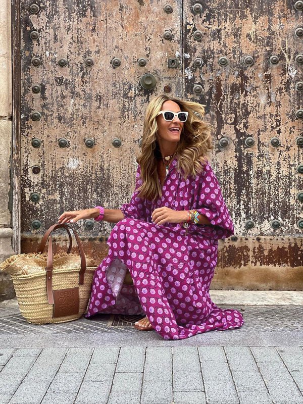 Geometric Collage Puff Sleeve Dress Street Holiday Women's Clothing - Vacation Dress