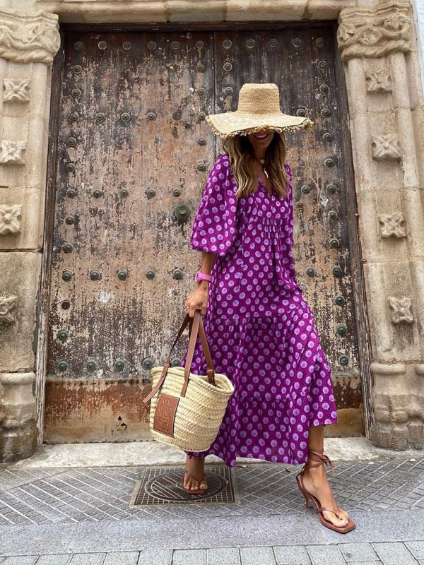 Geometric Collage Puff Sleeve Dress Street Holiday Women's Clothing - Vacation Dress