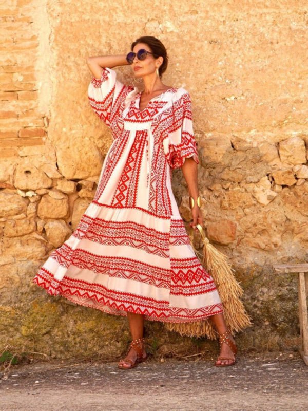 Geometric Collage Puff Sleeve Dress Street Holiday Women's Clothing - Vacation Dress