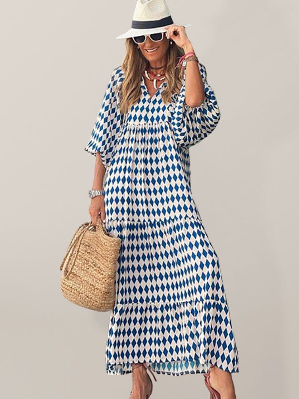 Geometric Collage Puff Sleeve Dress Street Holiday Women's Clothing - Vacation Dress