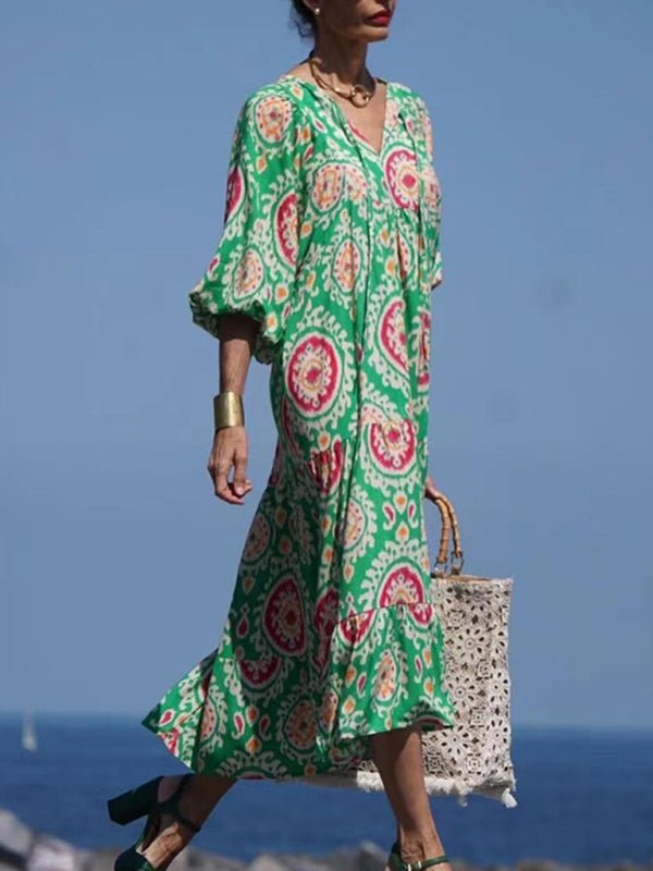 Geometric Collage Puff Sleeve Dress Street Holiday Women's Clothing - Vacation Dress