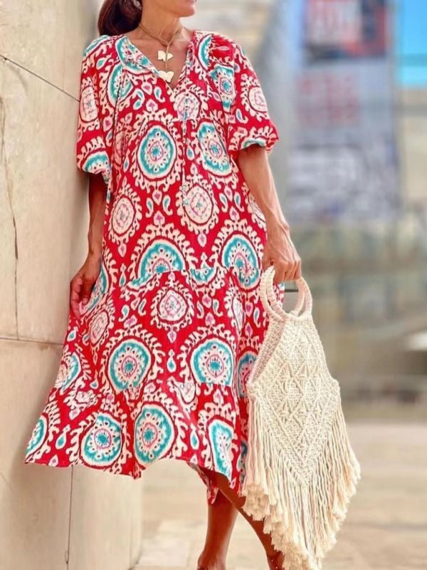 Geometric Collage Puff Sleeve Dress Street Holiday Women's Clothing - Vacation Dress