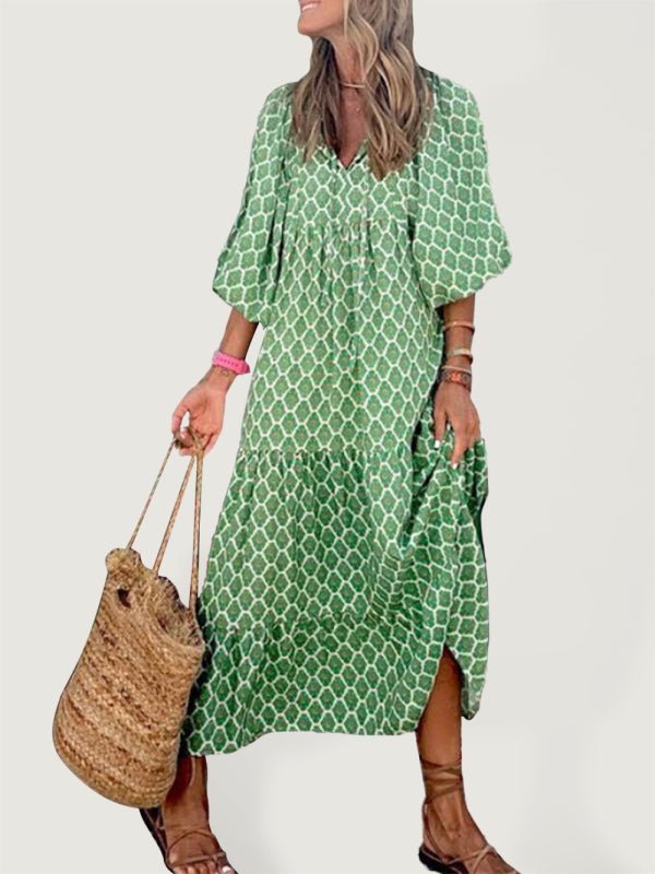 Geometric Collage Puff Sleeve Dress Street Holiday Women's Clothing - Vacation Dress