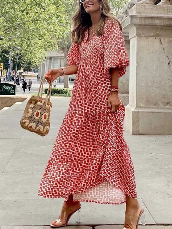Geometric Collage Puff Sleeve Dress Street Holiday Women's Clothing - Vacation Dress