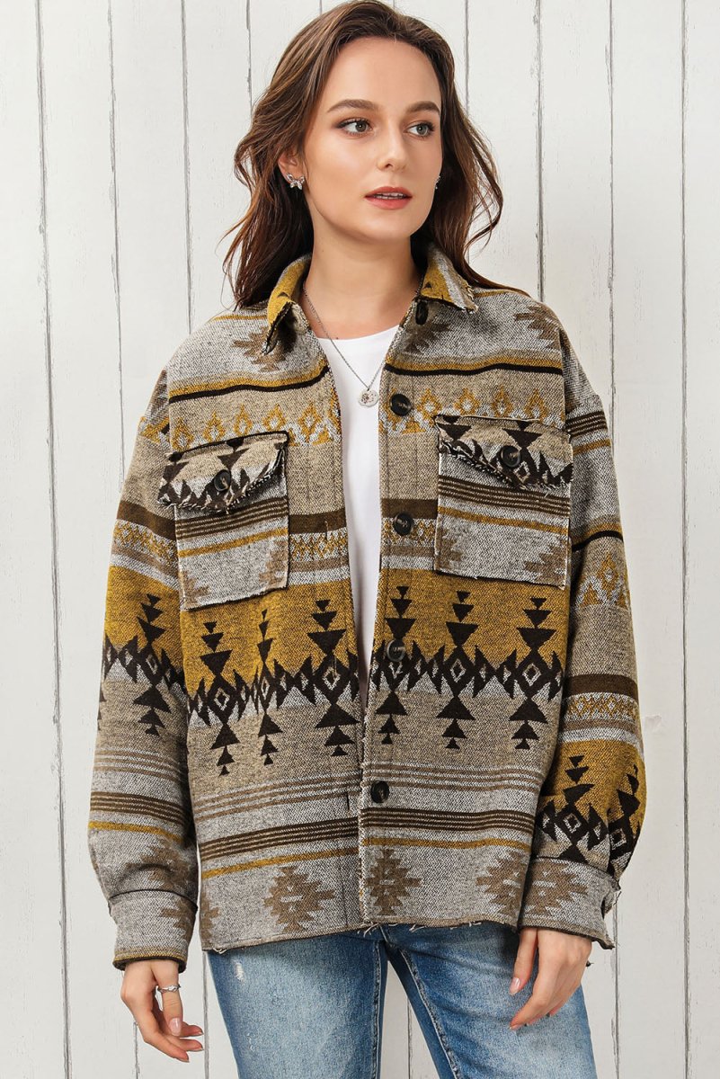 Geometric Collared Drop Shoulder Jacket - Outerwear