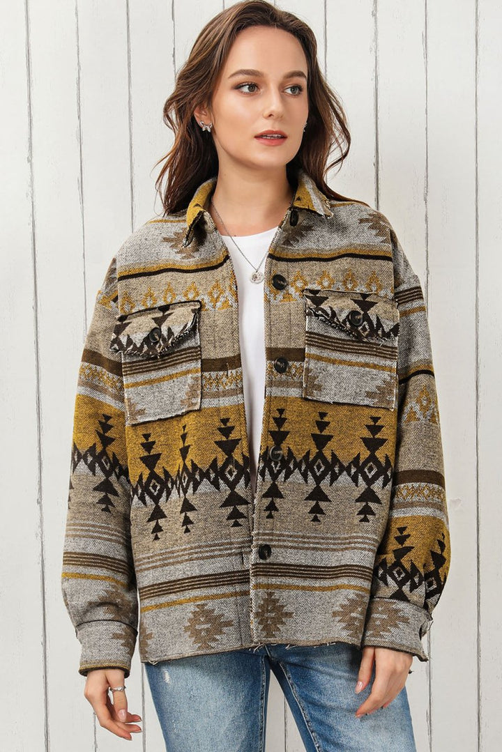 Geometric Collared Drop Shoulder Jacket - Outerwear