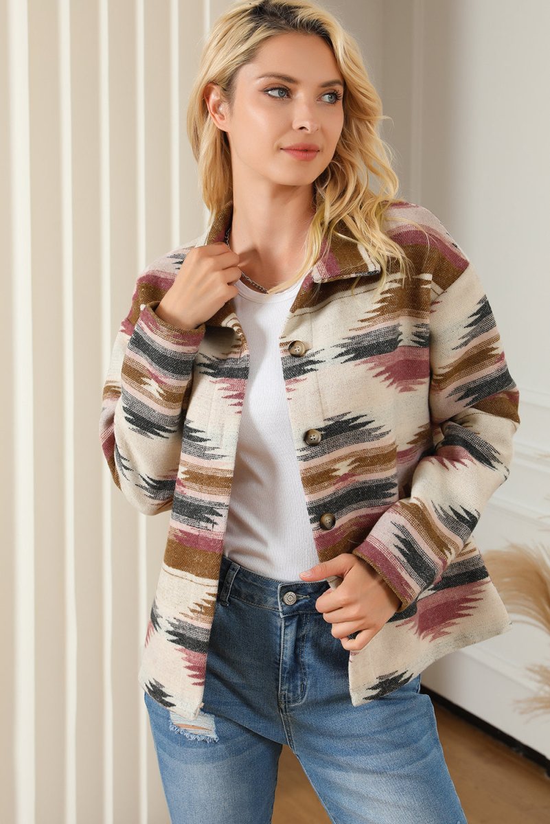 Geometric Collared Drop Shoulder Jacket - Outerwear
