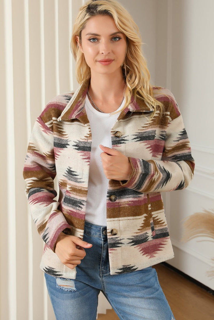 Geometric Collared Drop Shoulder Jacket - Outerwear