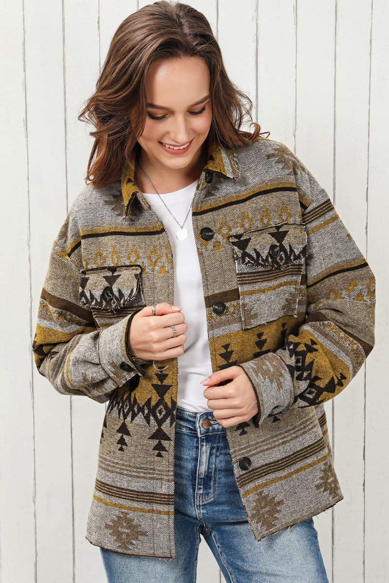Geometric Collared Drop Shoulder Jacket - Outerwear