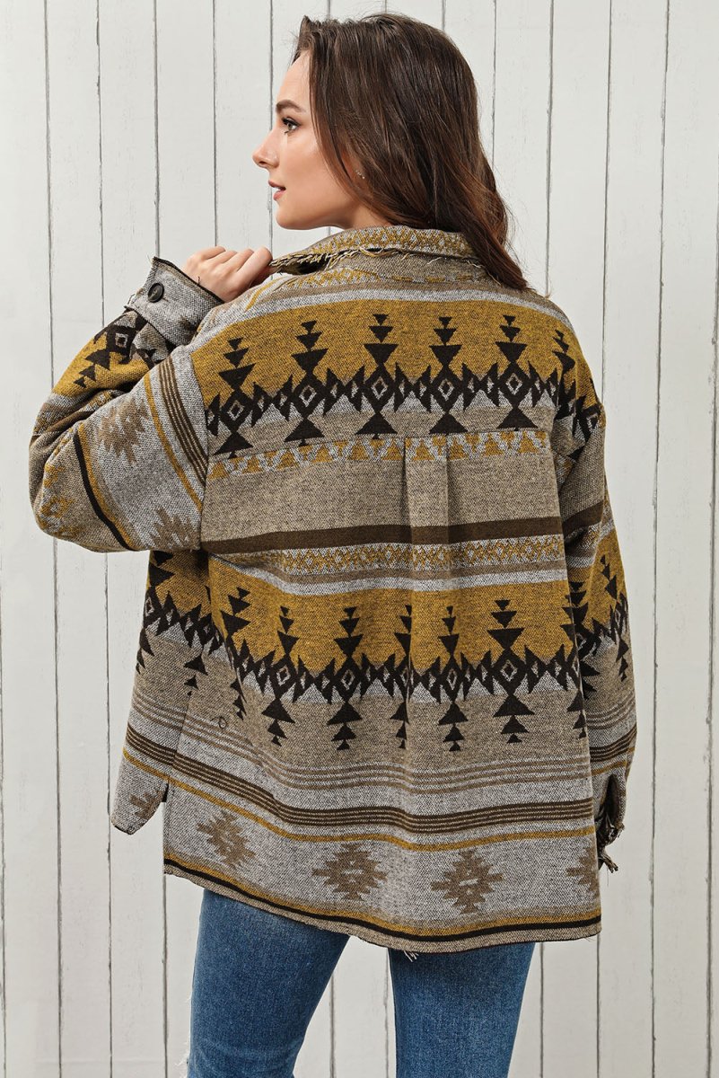 Geometric Collared Drop Shoulder Jacket - Outerwear