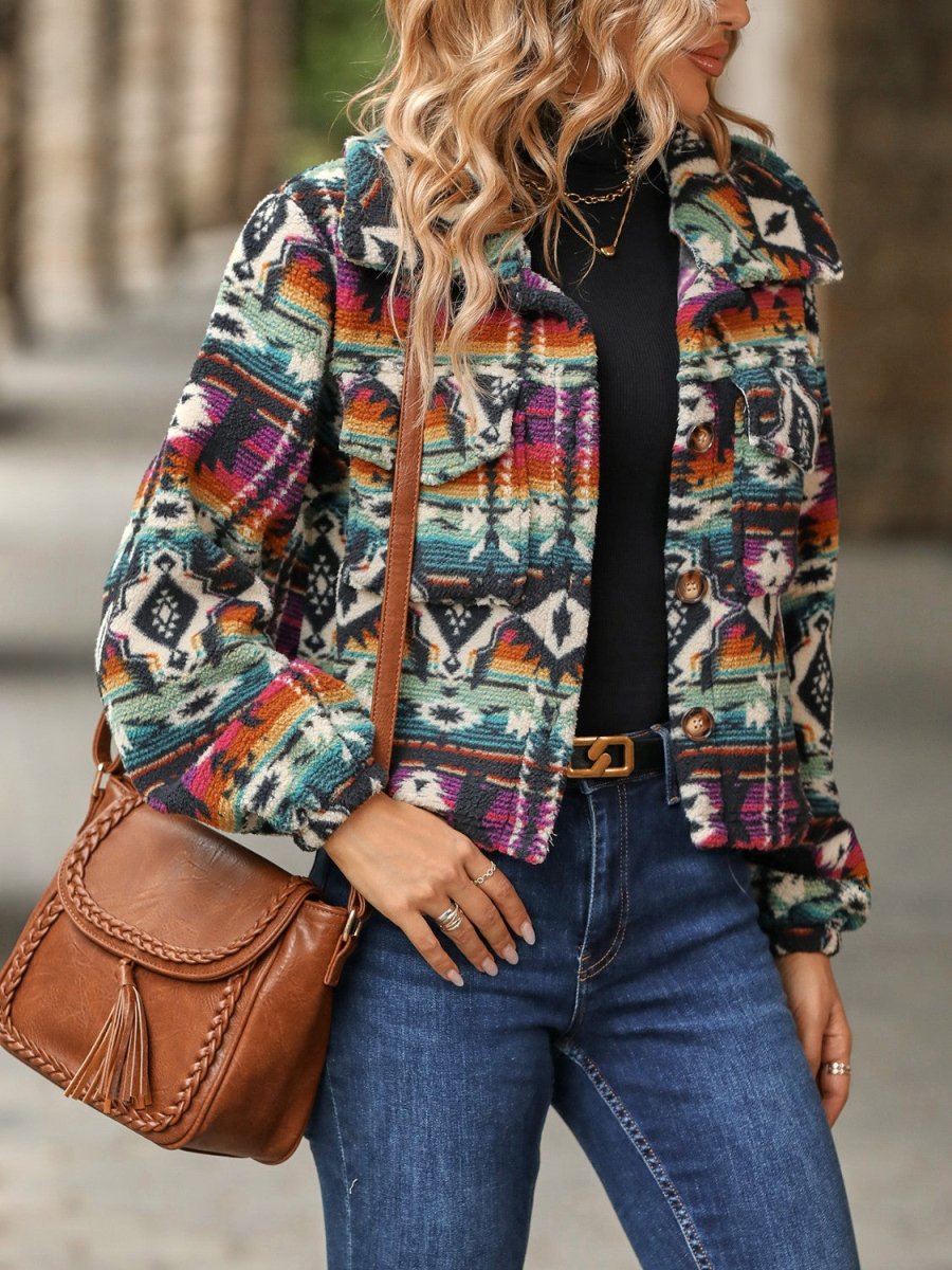 Geometric Dropped Shoulder Balloon Sleeve Outerwear - Outerwear