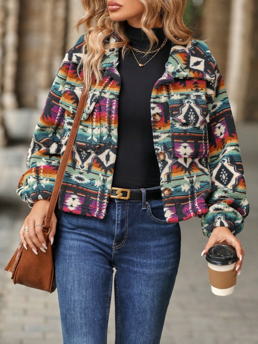 Geometric Dropped Shoulder Balloon Sleeve Outerwear - Outerwear