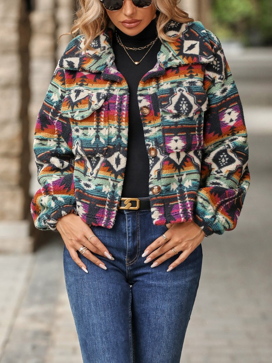 Geometric Dropped Shoulder Balloon Sleeve Outerwear - Outerwear