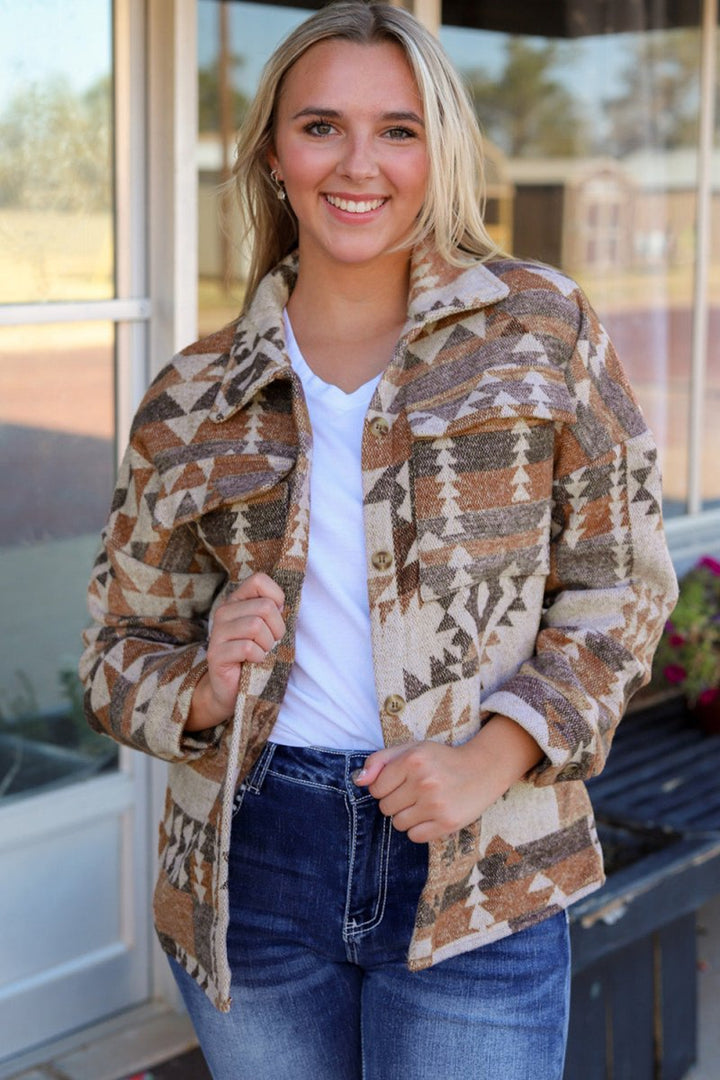 Geometric Dropped Shoulder Collared Jacket - Outerwear