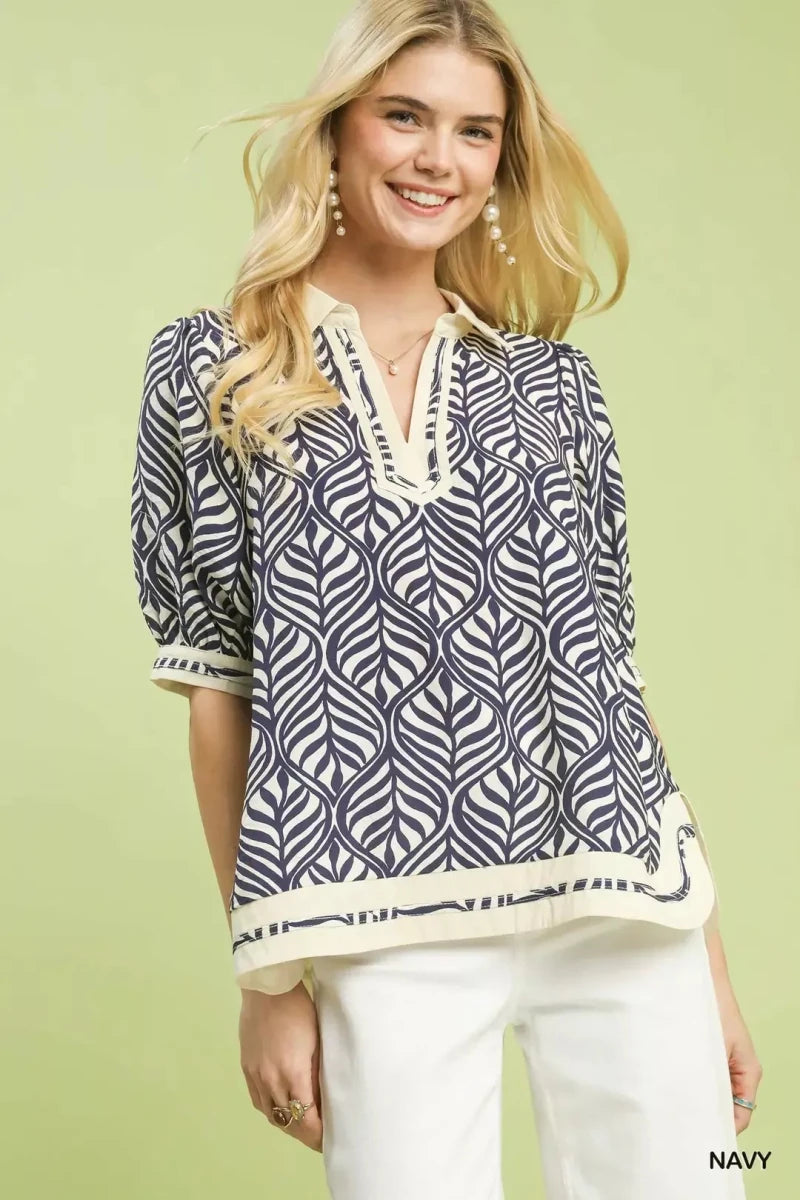 Geometric Leaf Print Popover Top - 