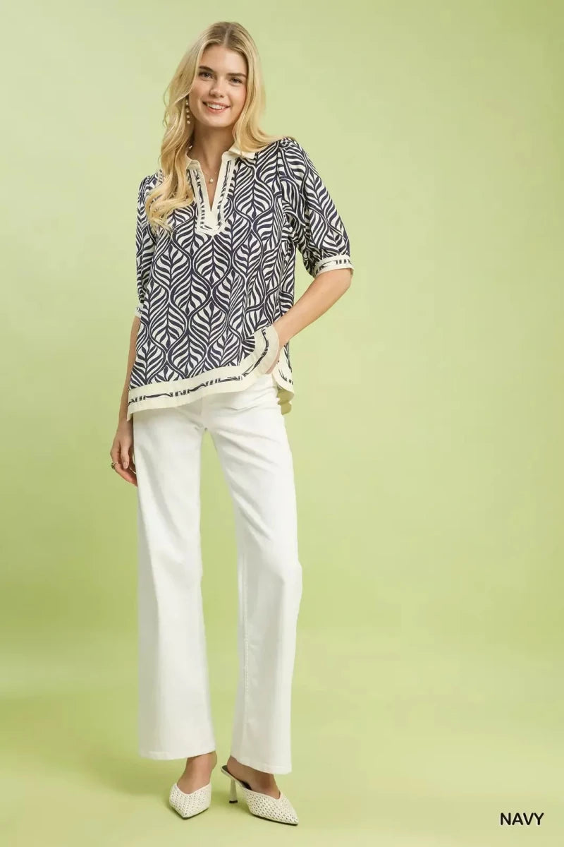 Geometric Leaf Print Popover Top - 