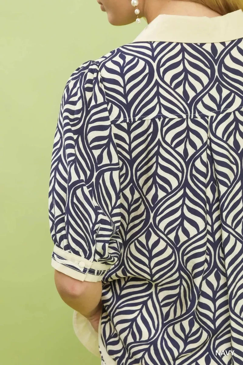 Geometric Leaf Print Popover Top - 