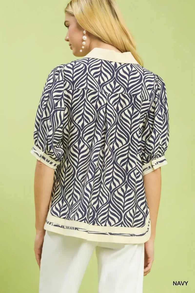 Geometric Leaf Print Popover Top - 