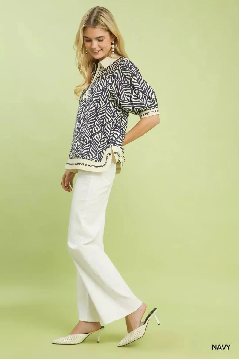 Geometric Leaf Print Popover Top - 