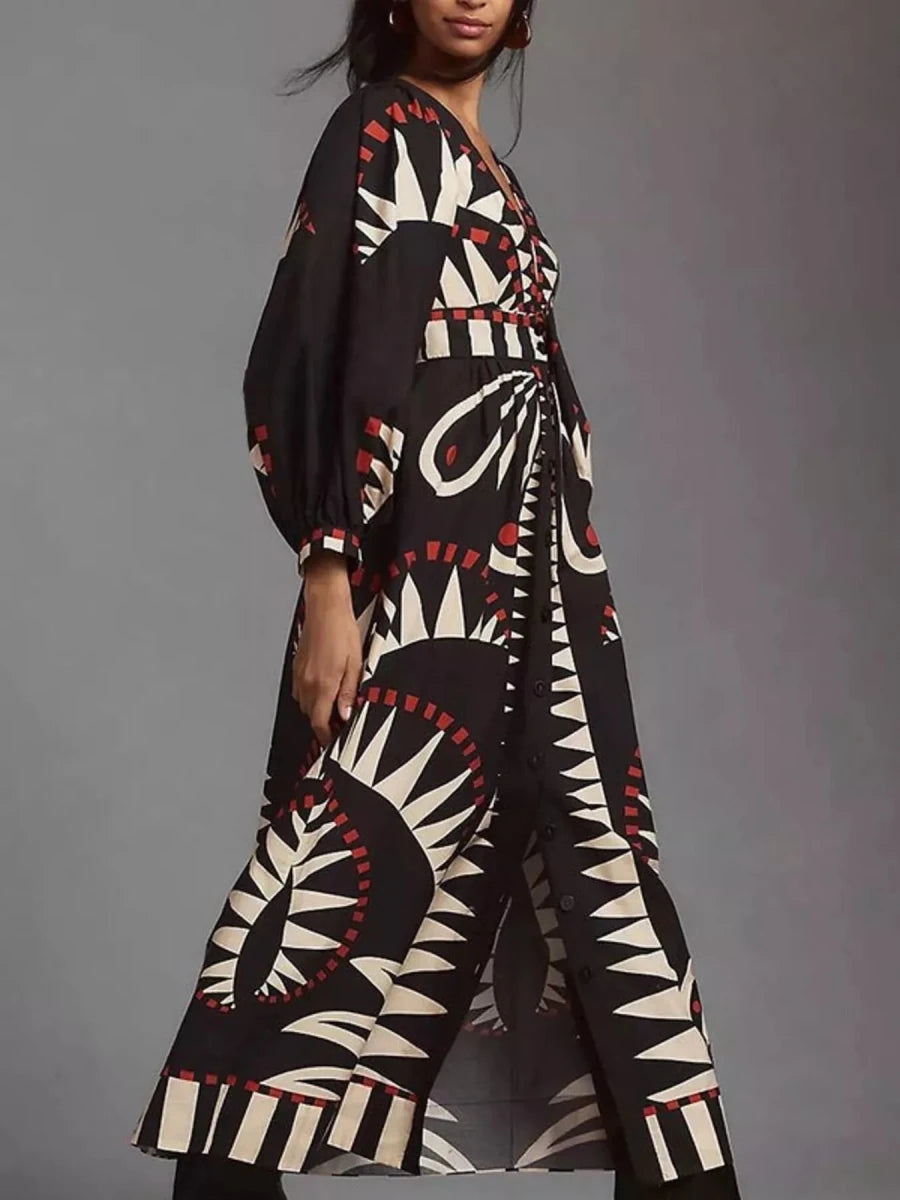 Geometric Print Long Sleeve Maxi Dress - 