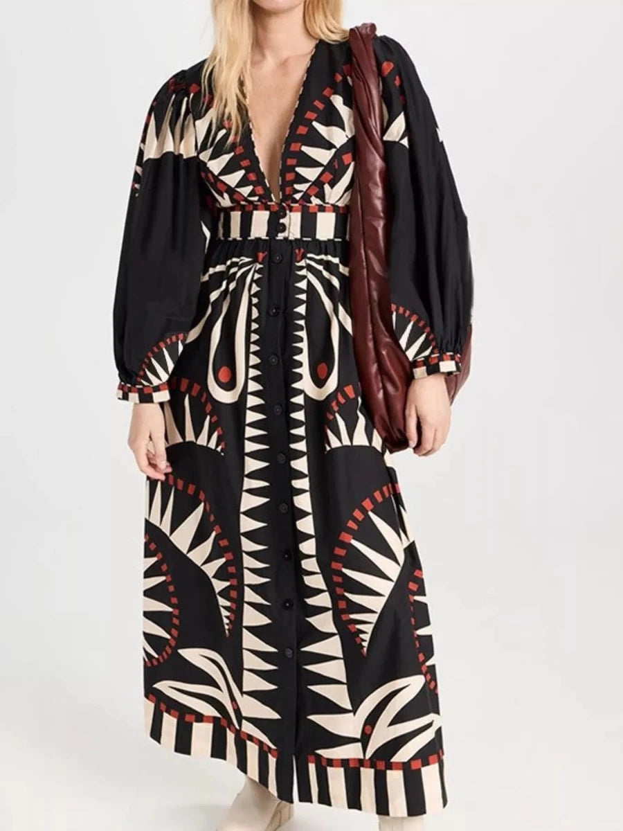 Geometric Print Long Sleeve Maxi Dress - 