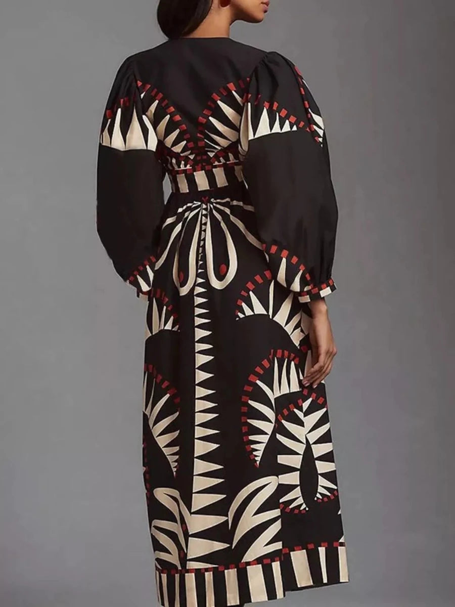 Geometric Print Long Sleeve Maxi Dress - 