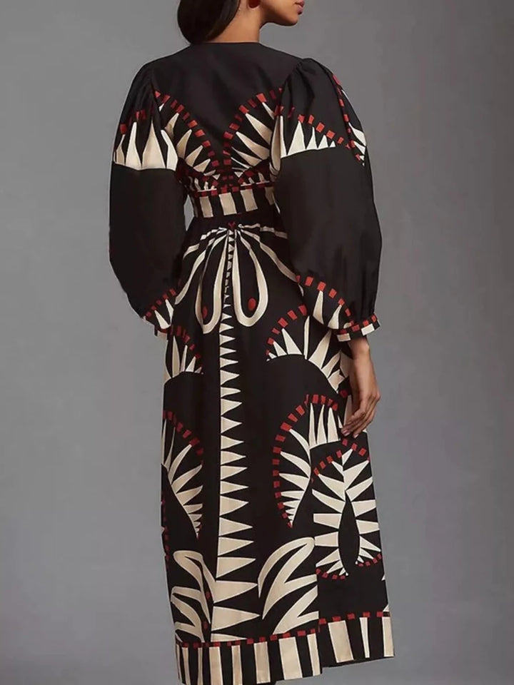 Geometric Print Long Sleeve Maxi Dress - 