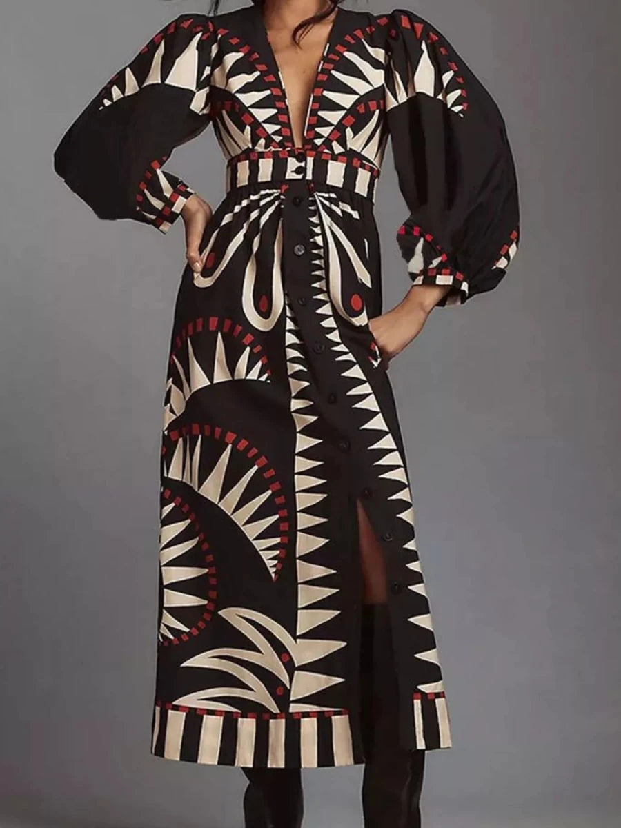 Geometric Print Long Sleeve Maxi Dress - 