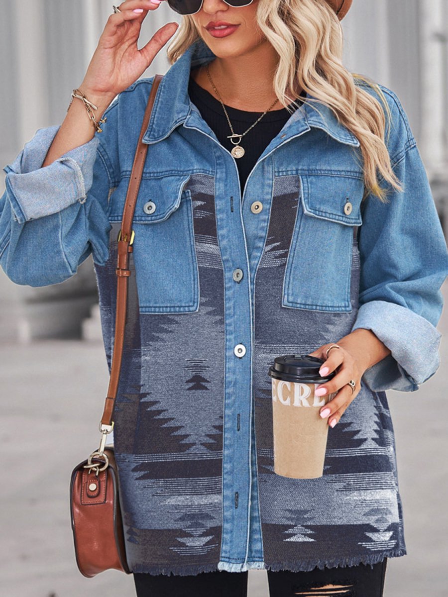 Geometric Raw Hem Button Up Denim Jacket - Outerwear