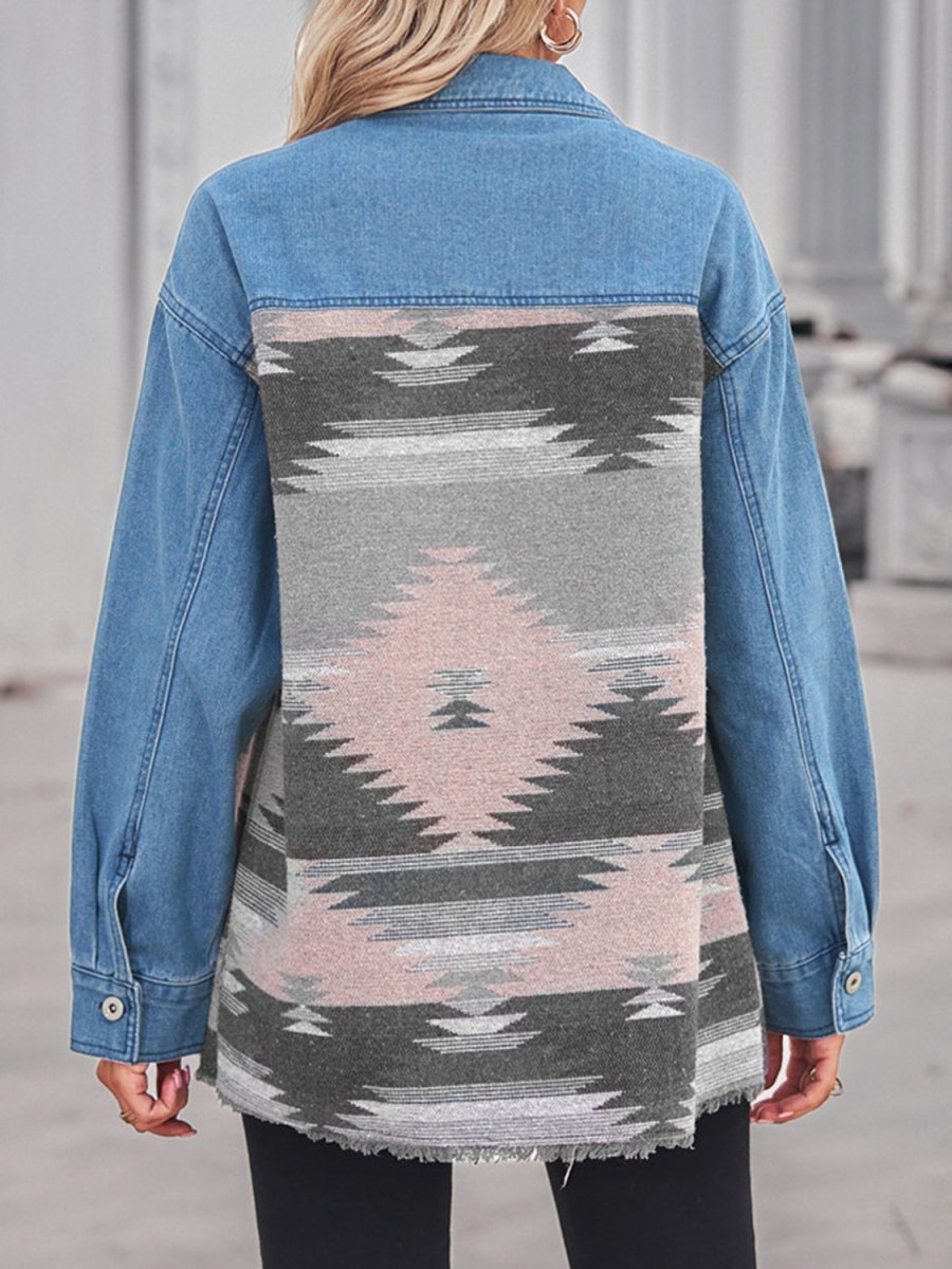 Geometric Raw Hem Button Up Denim Jacket - Outerwear