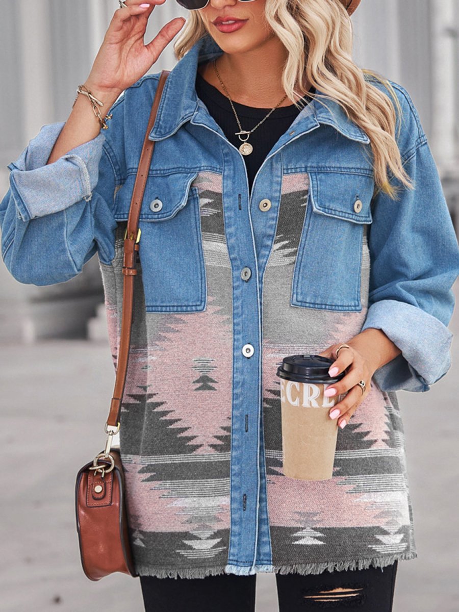 Geometric Raw Hem Button Up Denim Jacket - Outerwear