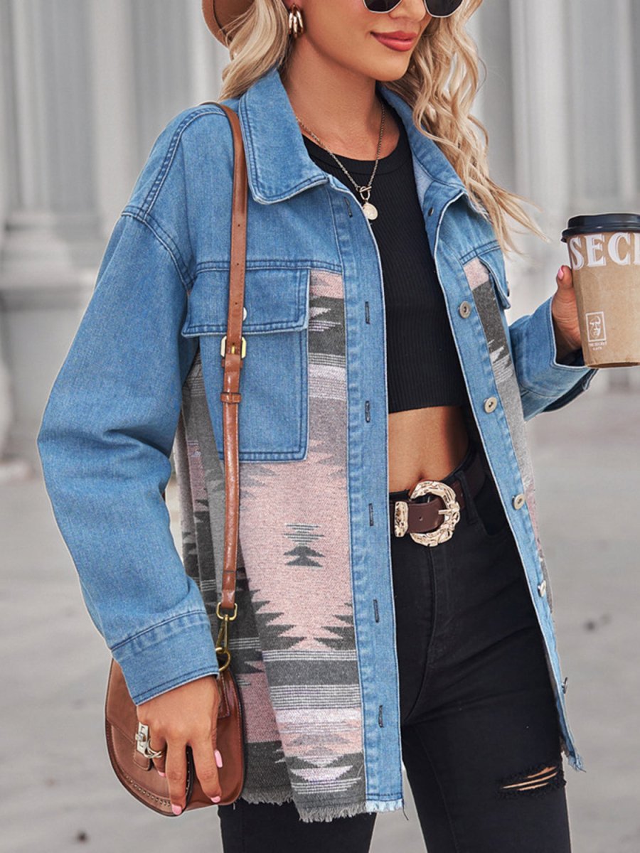 Geometric Raw Hem Button Up Denim Jacket - Outerwear