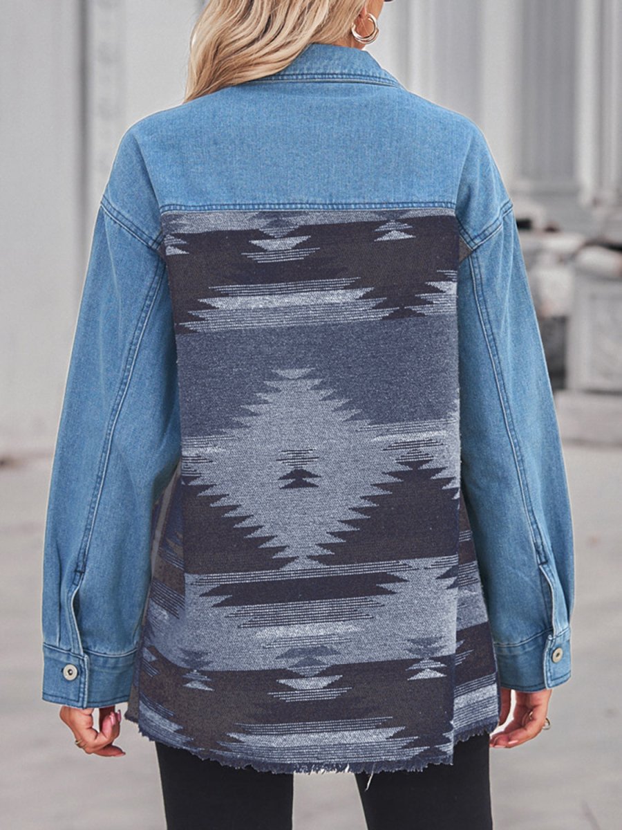Geometric Raw Hem Button Up Denim Jacket - Outerwear