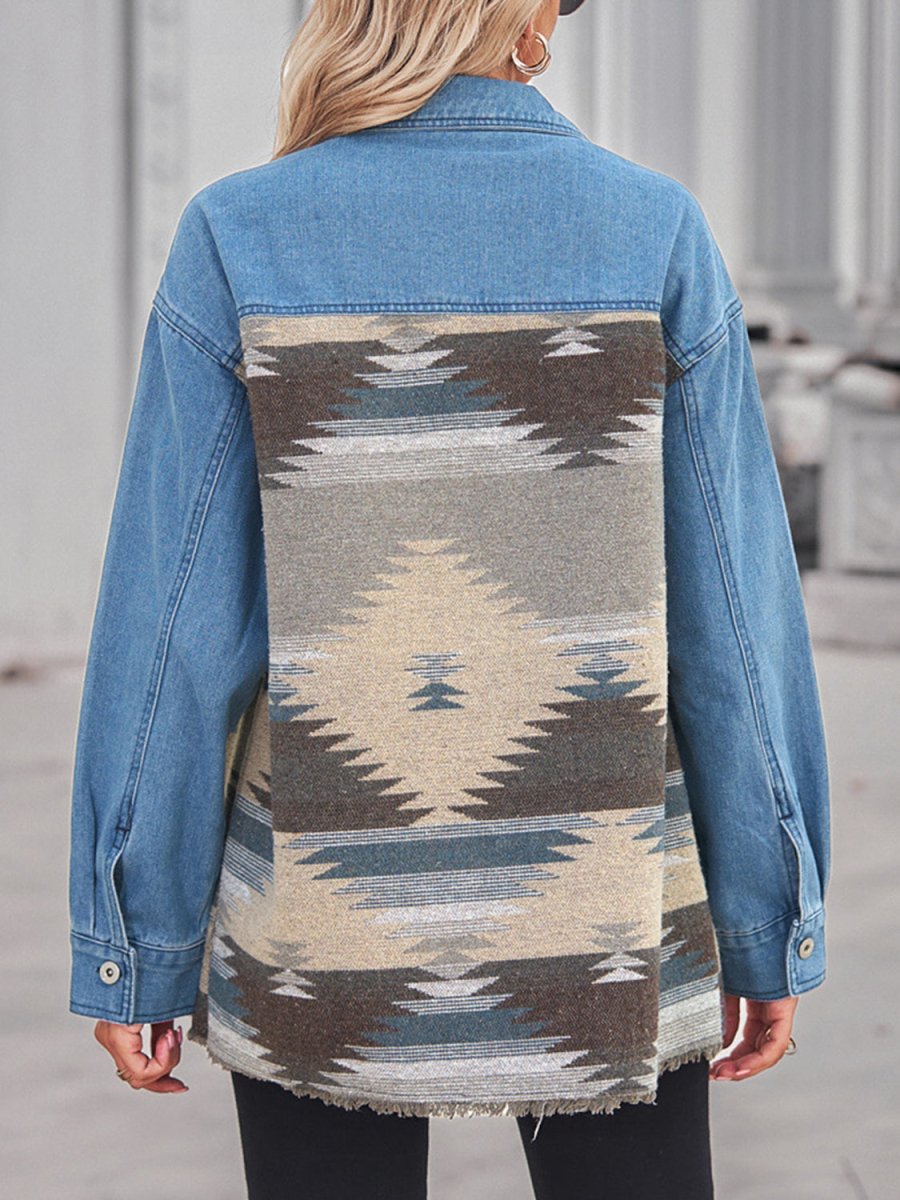 Geometric Raw Hem Button Up Denim Jacket - Outerwear