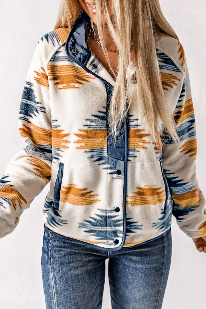 Geometric Snap Button Long Sleeve Jacket - Outerwear