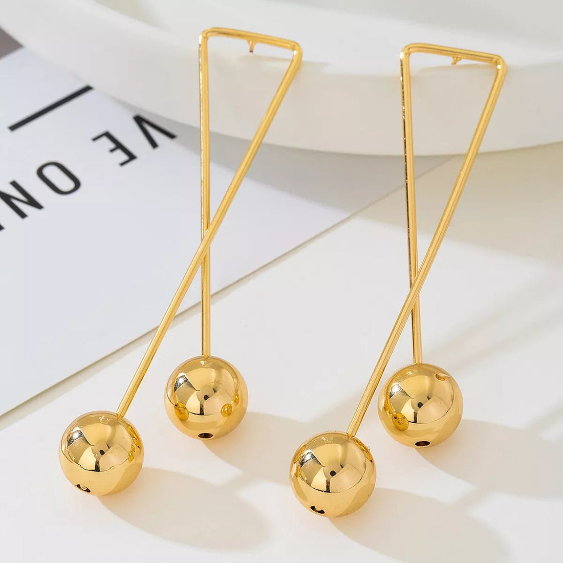Geometric Triangle Gold Ball Drop Earrings - 