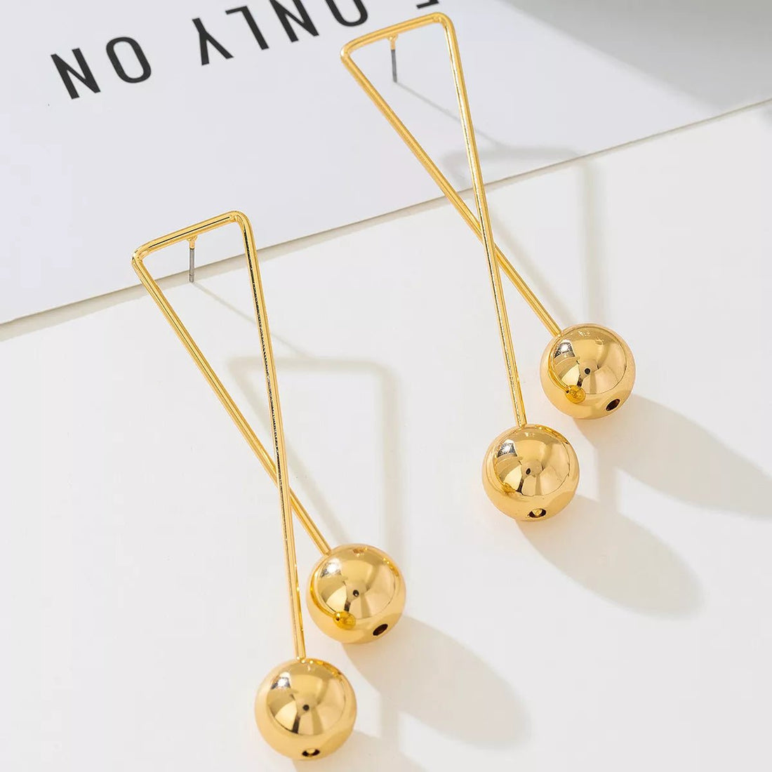 Geometric Triangle Gold Ball Drop Earrings - 