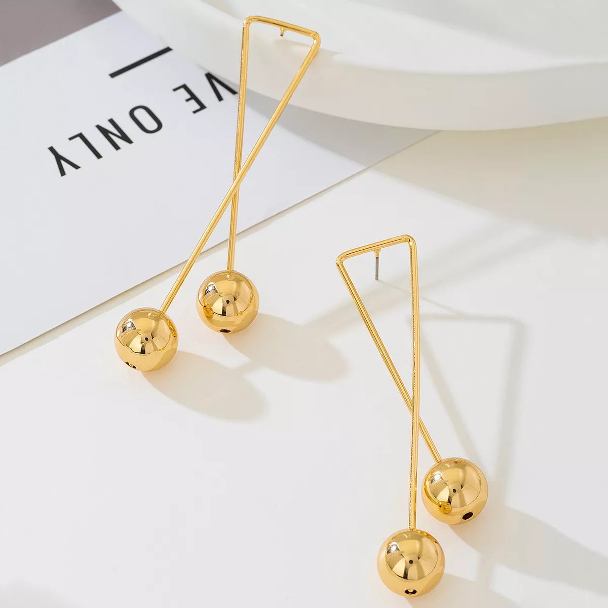 Geometric Triangle Gold Ball Drop Earrings - 