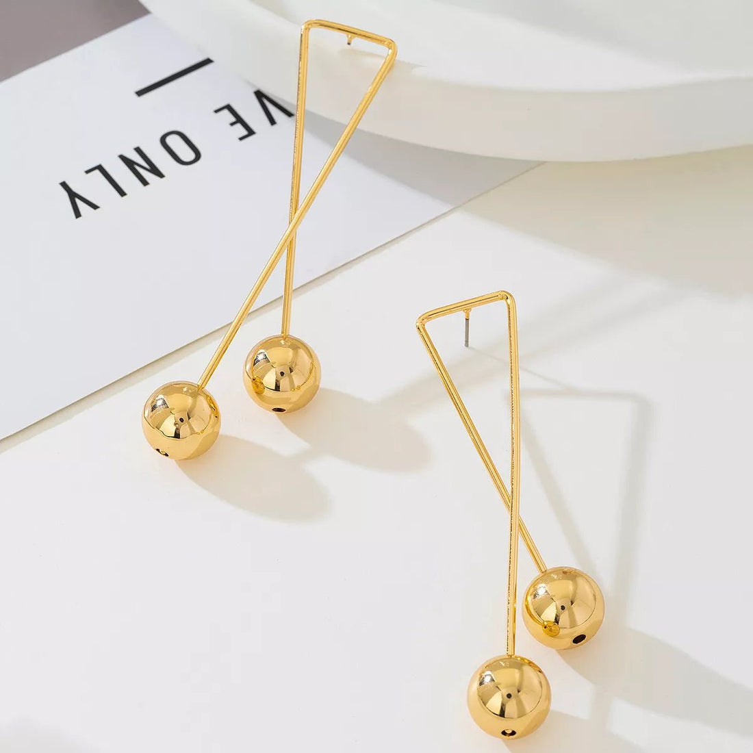 Geometric Triangle Gold Ball Drop Earrings - 