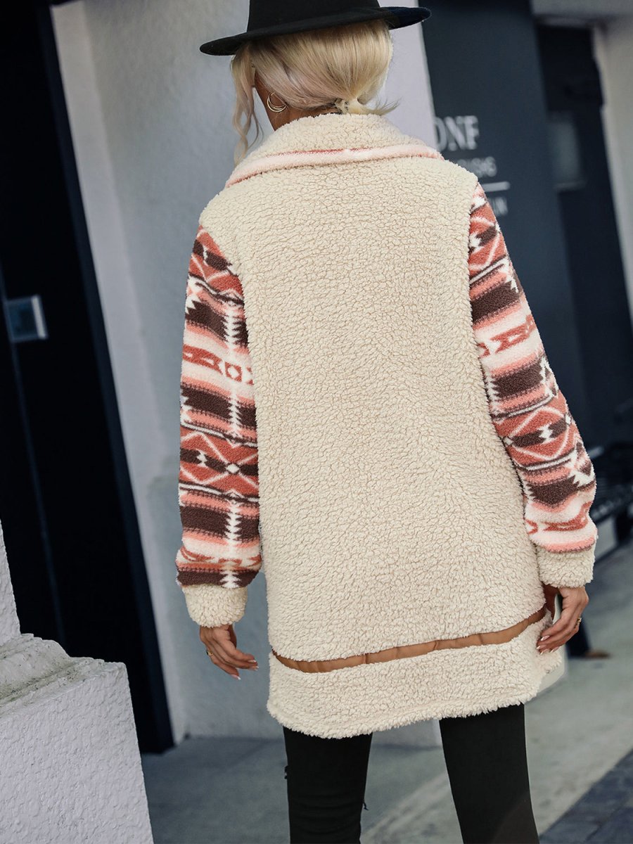 Geometric Zip - Up Collared Sherpa Jacket - Outerwear