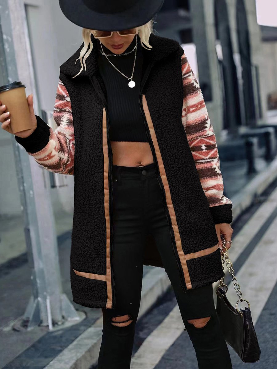 Geometric Zip - Up Collared Sherpa Jacket - Outerwear