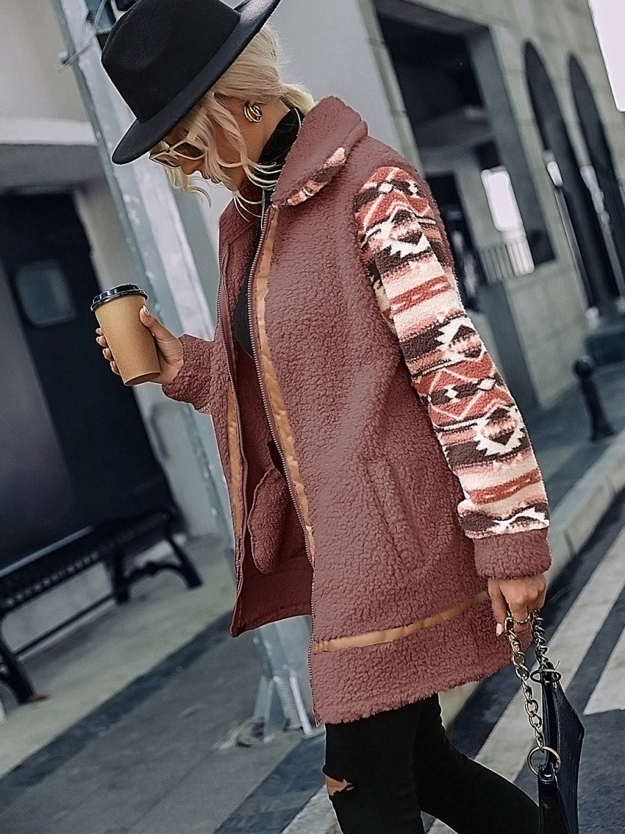 Geometric Zip - Up Collared Sherpa Jacket - Outerwear
